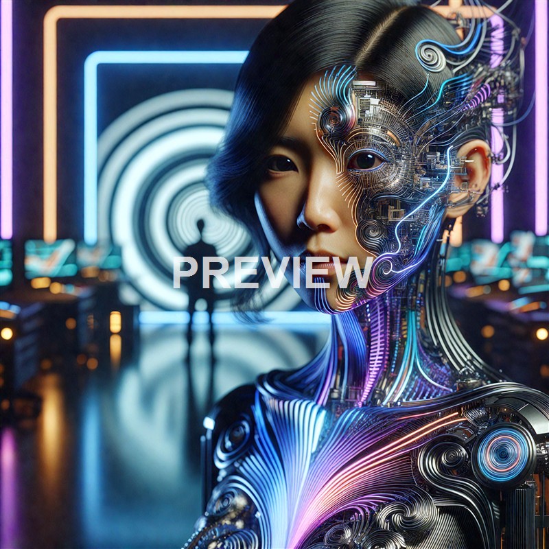 A futuristic, digitally enhanced female figure with half of her face revealing intricate cybernetic circuits and glowing lines, set against a vibrant, neon-lit background with a person standing in front of a spiral pattern.